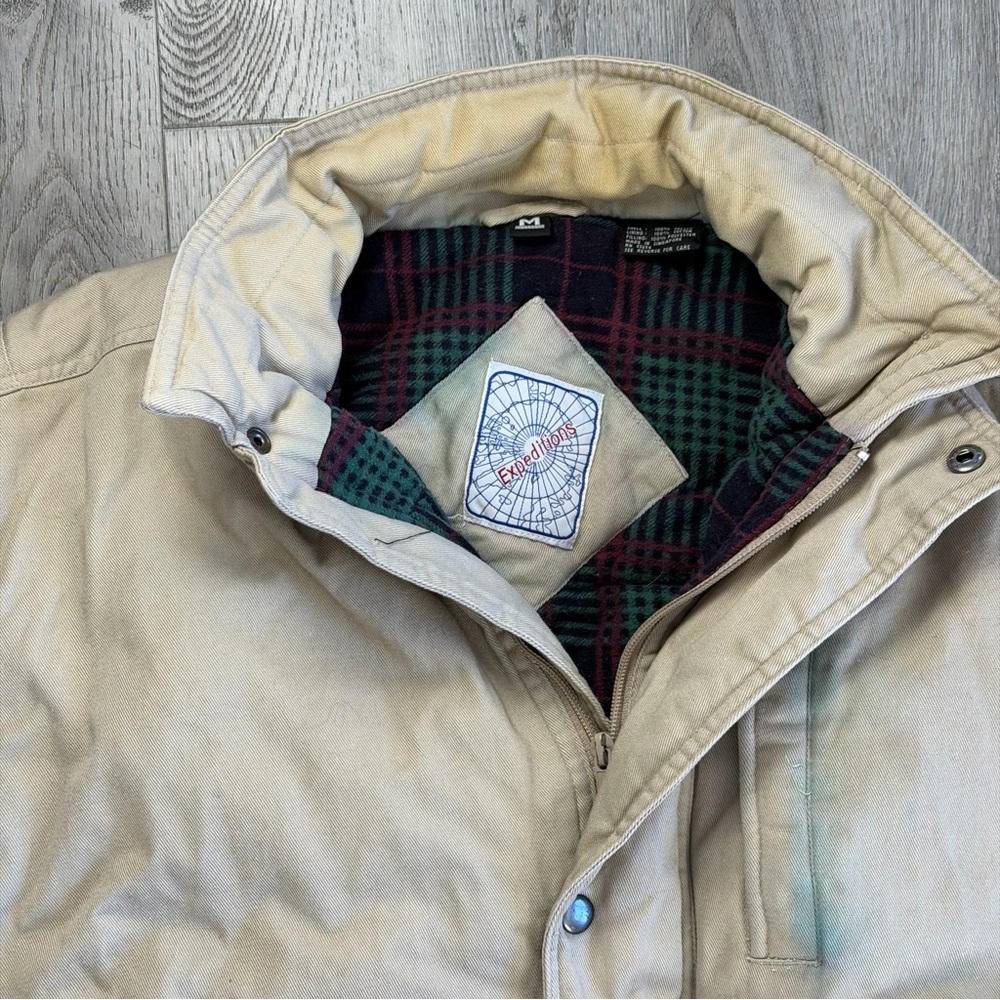 VTG Expedition Vest Mens Medium Beige‎ Twill Plaid Lined Workwear Hiking